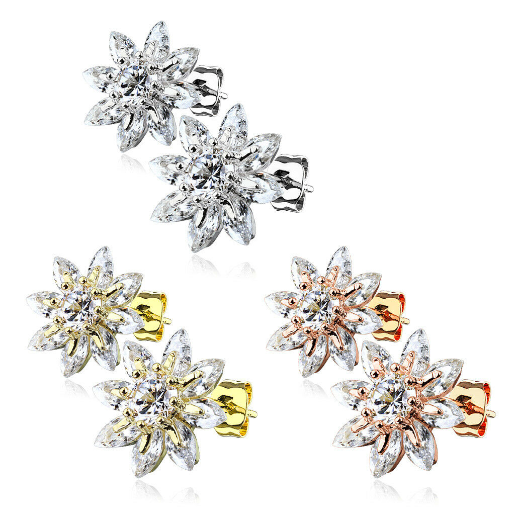 PAIR of Marquise CZ Flower 316L Surgical Steel Post 20g Earrings Studs