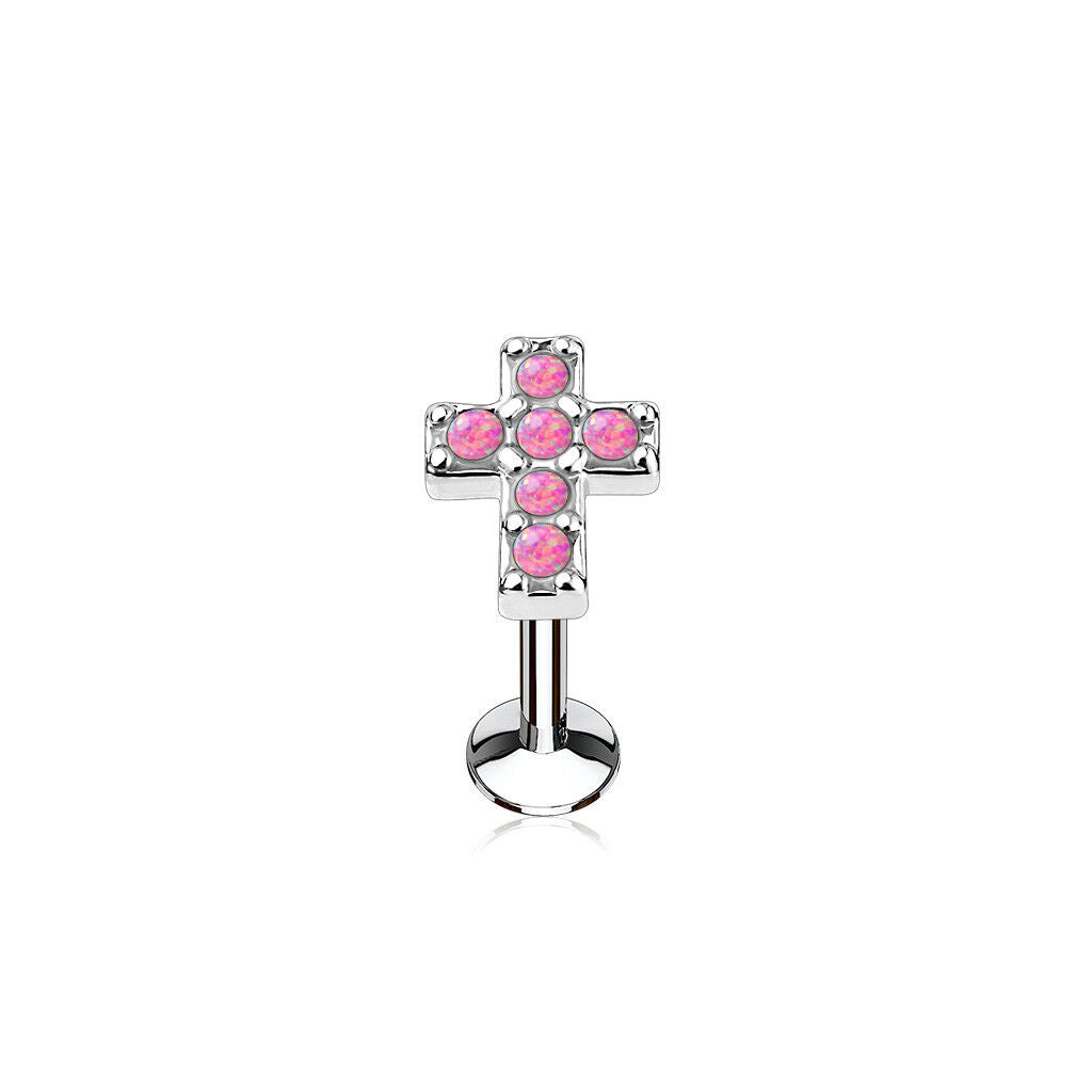1pc Opal Cross Steel Labret Stud 16g Internally Threaded Helix Daith Tragus Monroe