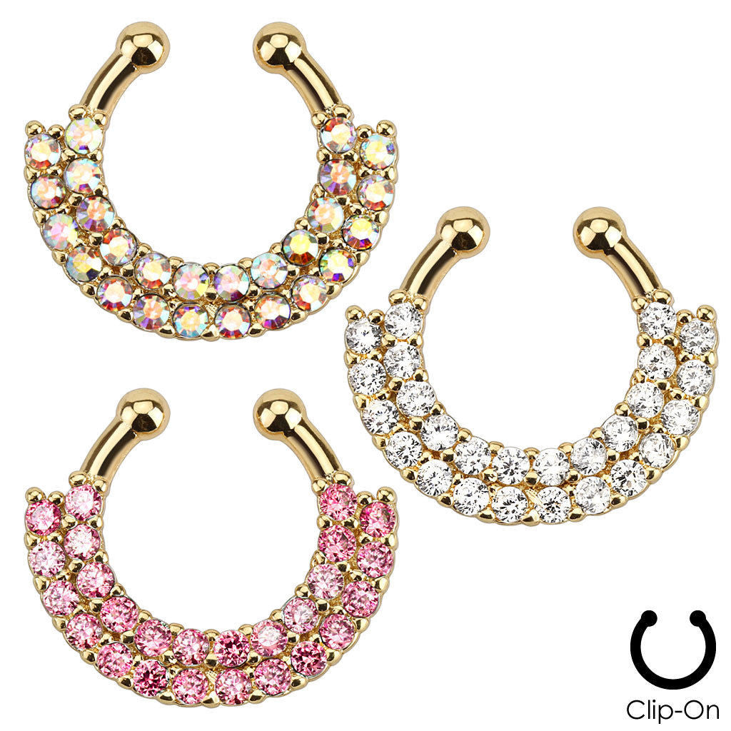 1pc Non-Piercing Gold Double Line Paved Gem Septum Hanger