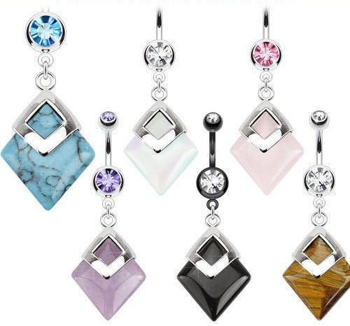 1pc Diamond Shaped Semi-Precious Belly Ring Natural Stone Pierced Navel Naval 14g