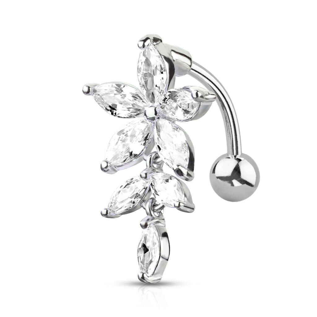 1pc Marquise CZ Gem Flower & Vine Belly Ring Top Drop Reverse Naval Navel