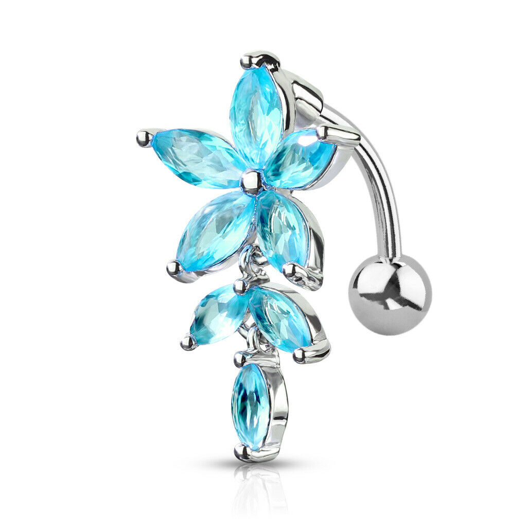 1pc Marquise CZ Gem Flower & Vine Belly Ring Top Drop Reverse Naval Navel