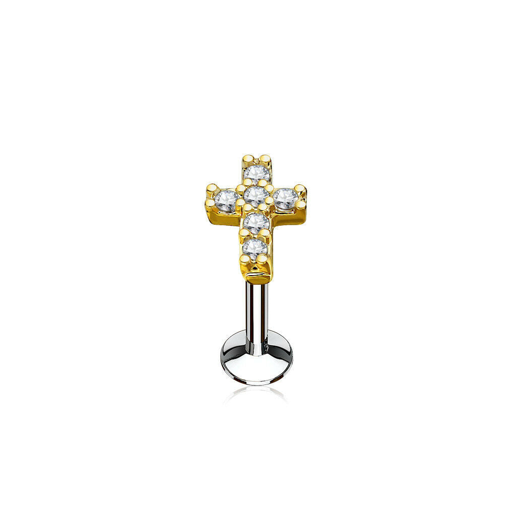 1pc CZ Gem Cross Top 16g Internally Threaded 1/4" or 5/16" Steel Labret Monroe