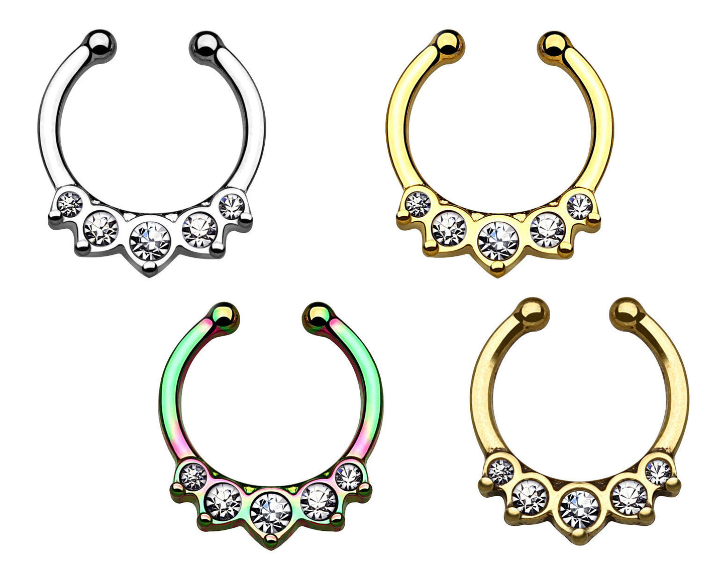 1pc 100% SURGICAL STEEL Non-Piercing 5 Crystal Gems Septum Hanger