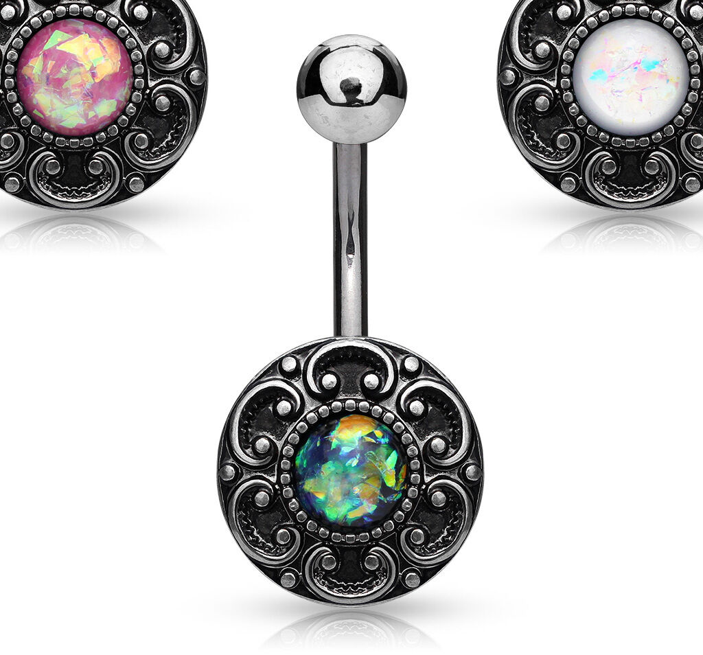 1pc Antique Silver Plated Heart Filigree w/ Opal Glitter Center Belly Navel Ring