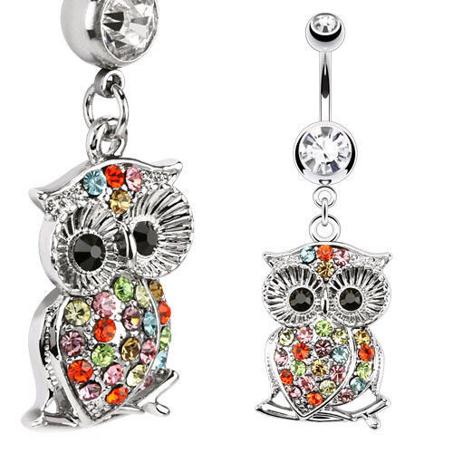 Owl Multi Color CZ Gem Dangle Belly Ring Navel Naval Bird Rainbow Branch