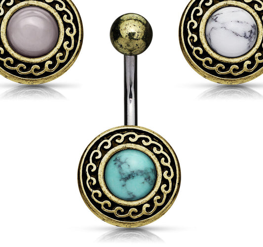 1pc Antique Gold Plated Tribal Shield w/ Stone Center Belly Navel Naval Ring