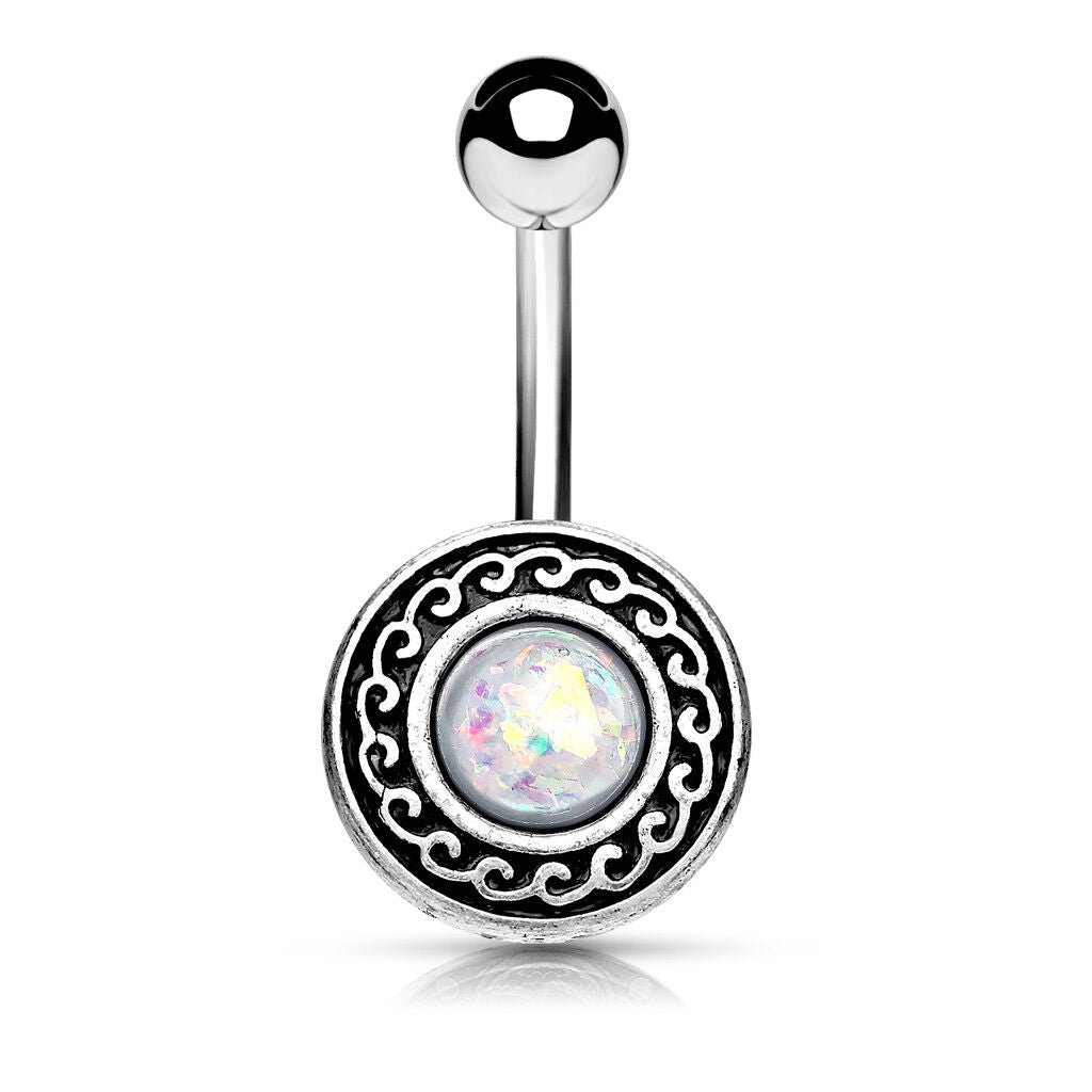 1pc Antique Silver Plated Tribal Shield w/ Opal Glitter Center Belly Navel Ring