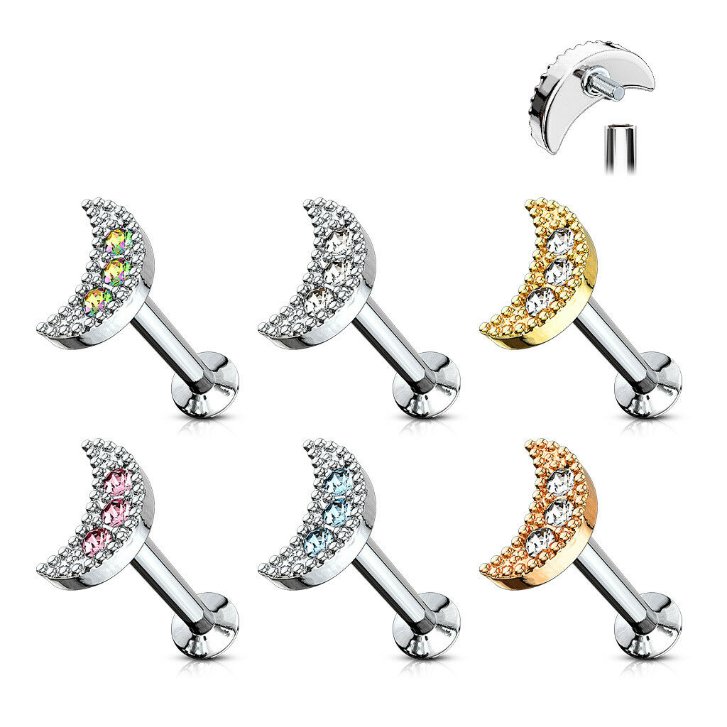 1pc CZ Crescent Moon 16g Internally Threaded 1/4" or 5/16" Steel Labret Monroe