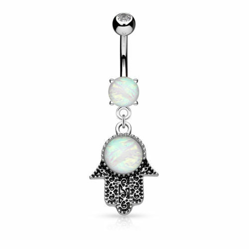 Opal Glitter Center Hamsa Dangle Belly Button Ring Navel Naval