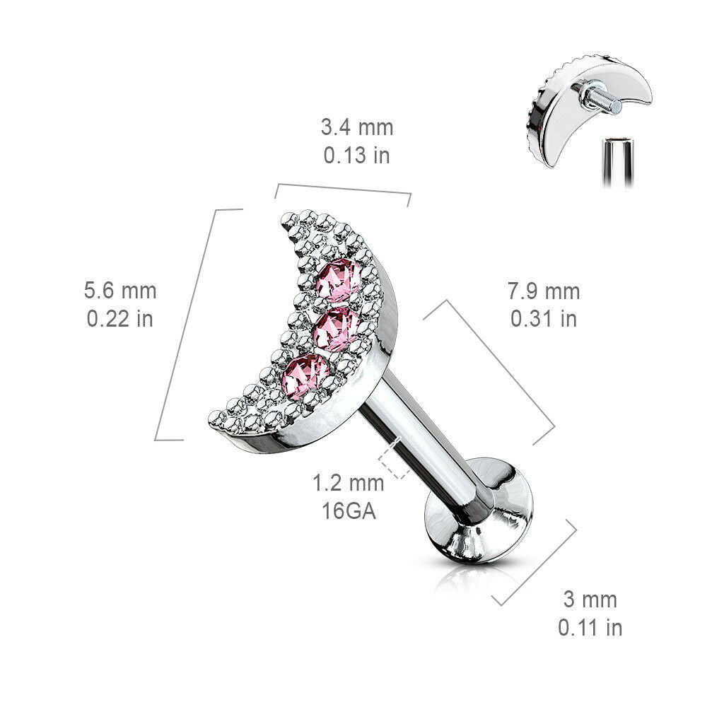 1pc CZ Crescent Moon 16g Internally Threaded 1/4" or 5/16" Steel Labret Monroe