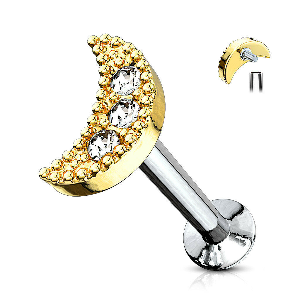 1pc CZ Crescent Moon 16g Internally Threaded 1/4" or 5/16" Steel Labret Monroe