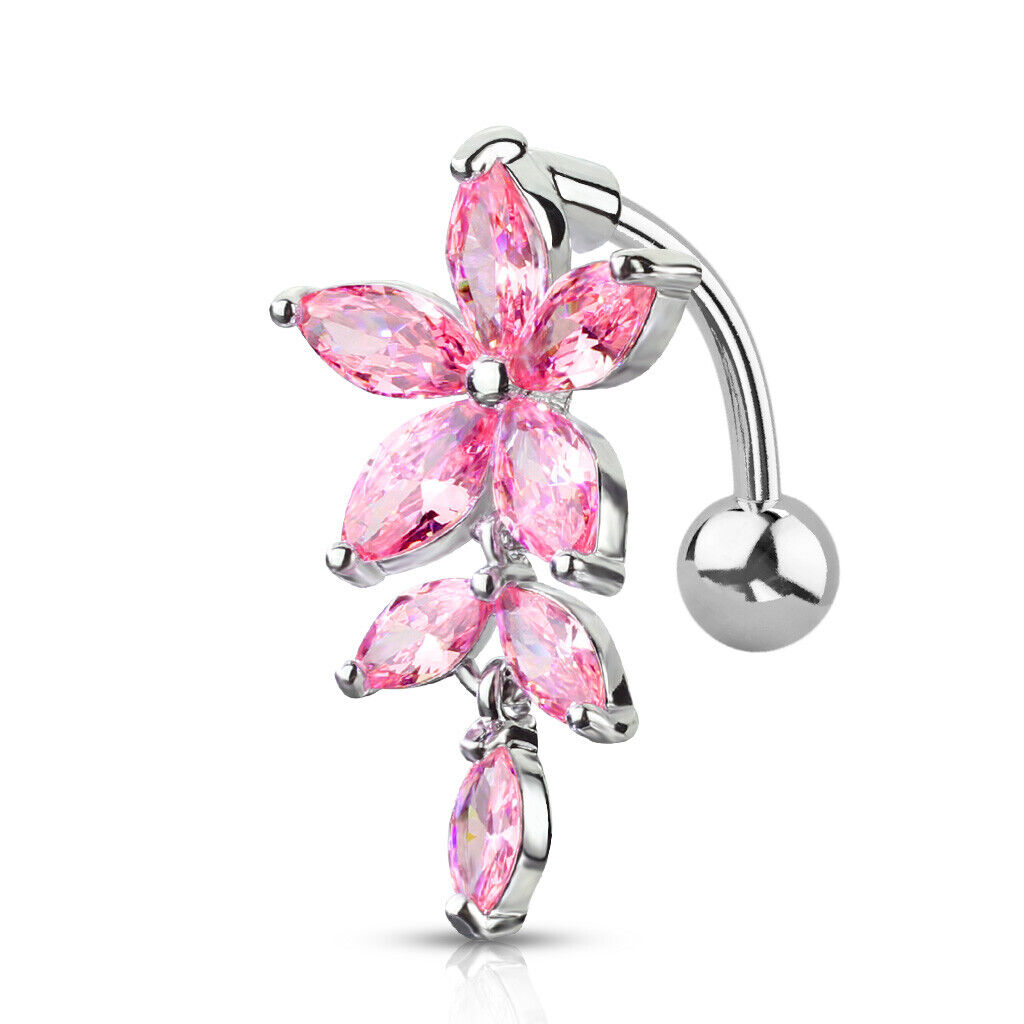 1pc Marquise CZ Gem Flower & Vine Belly Ring Top Drop Reverse Naval Navel