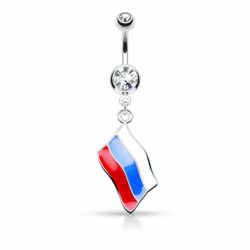 Flag Belly Ring 316L Surgical Steel Pierced Navel Naval Patriotic Country CZ Gem