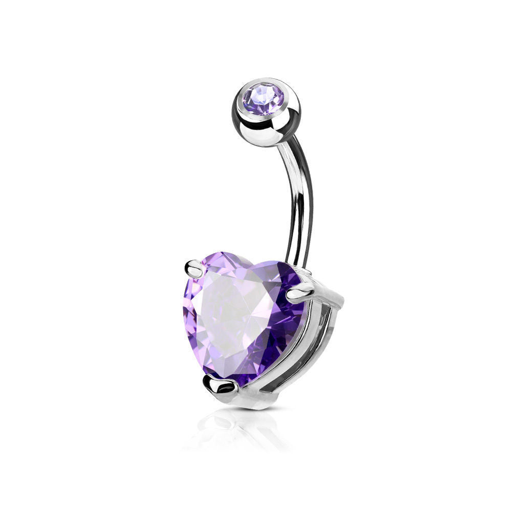 1pc Double Gemmed Heart CZ Gem Prong Set Solitaire Belly Ring Navel Naval