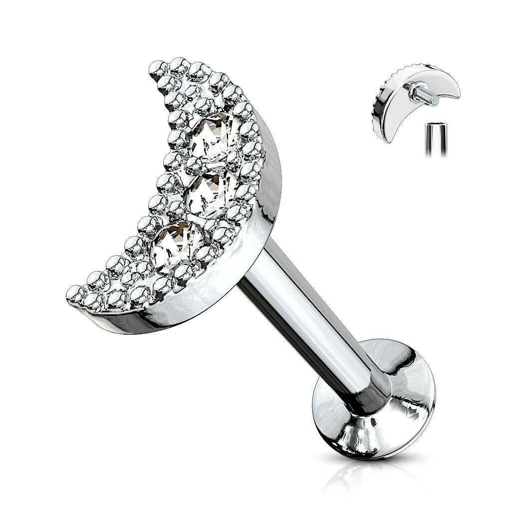 1pc CZ Crescent Moon 16g Internally Threaded 1/4" or 5/16" Steel Labret Monroe