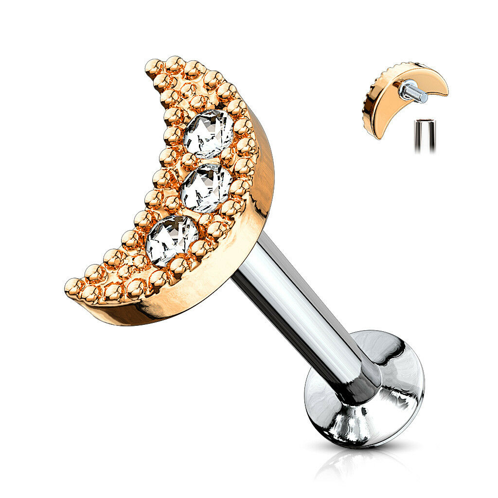 1pc CZ Crescent Moon 16g Internally Threaded 1/4" or 5/16" Steel Labret Monroe