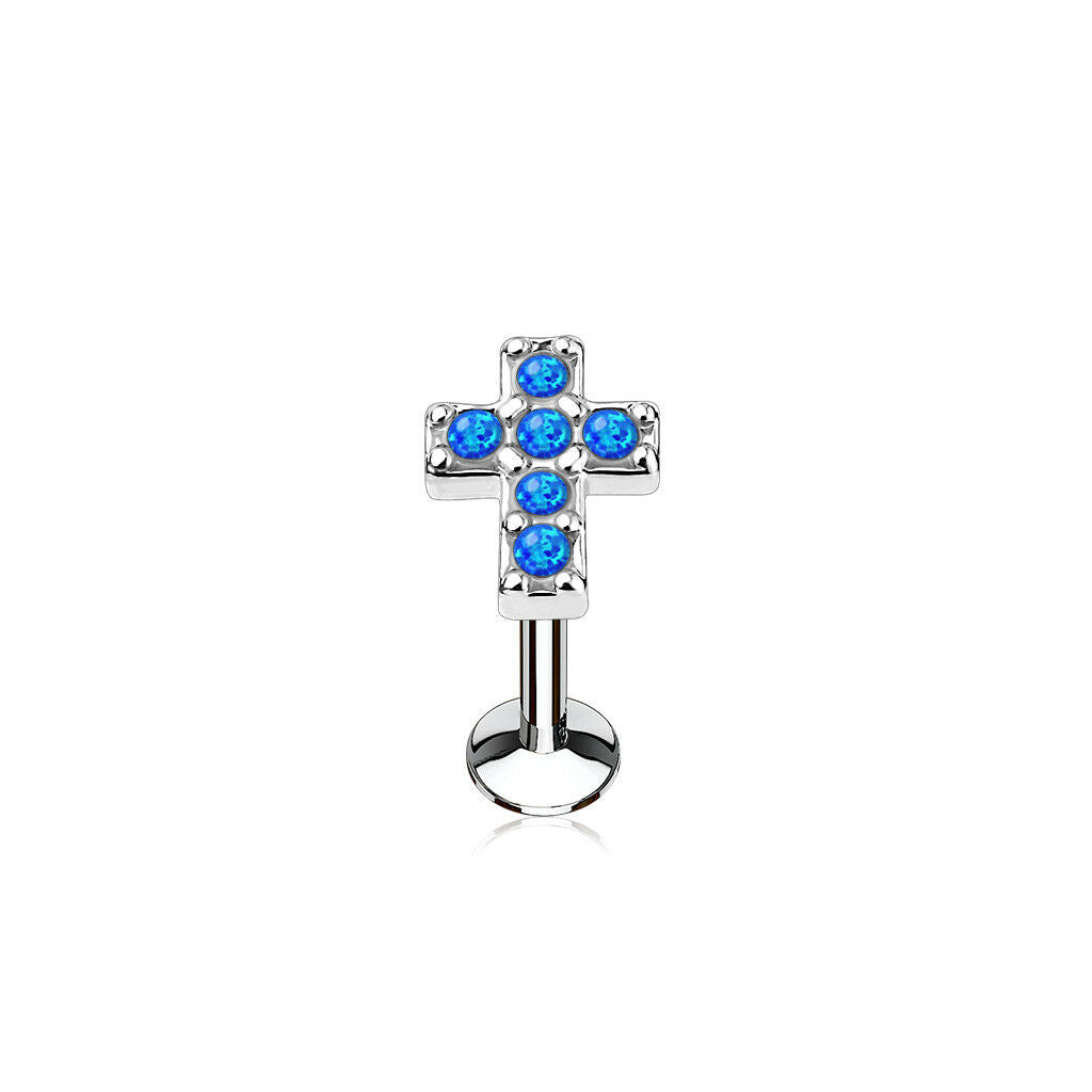 1pc Opal Cross Steel Labret Stud 16g Internally Threaded Helix Daith Tragus Monroe