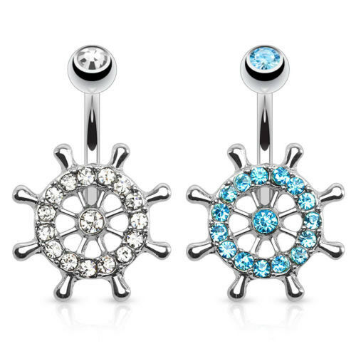 1pc Ship Wheel Belly Ring Paved CZ Gem Pierced Navel Naval Clear, Aqua