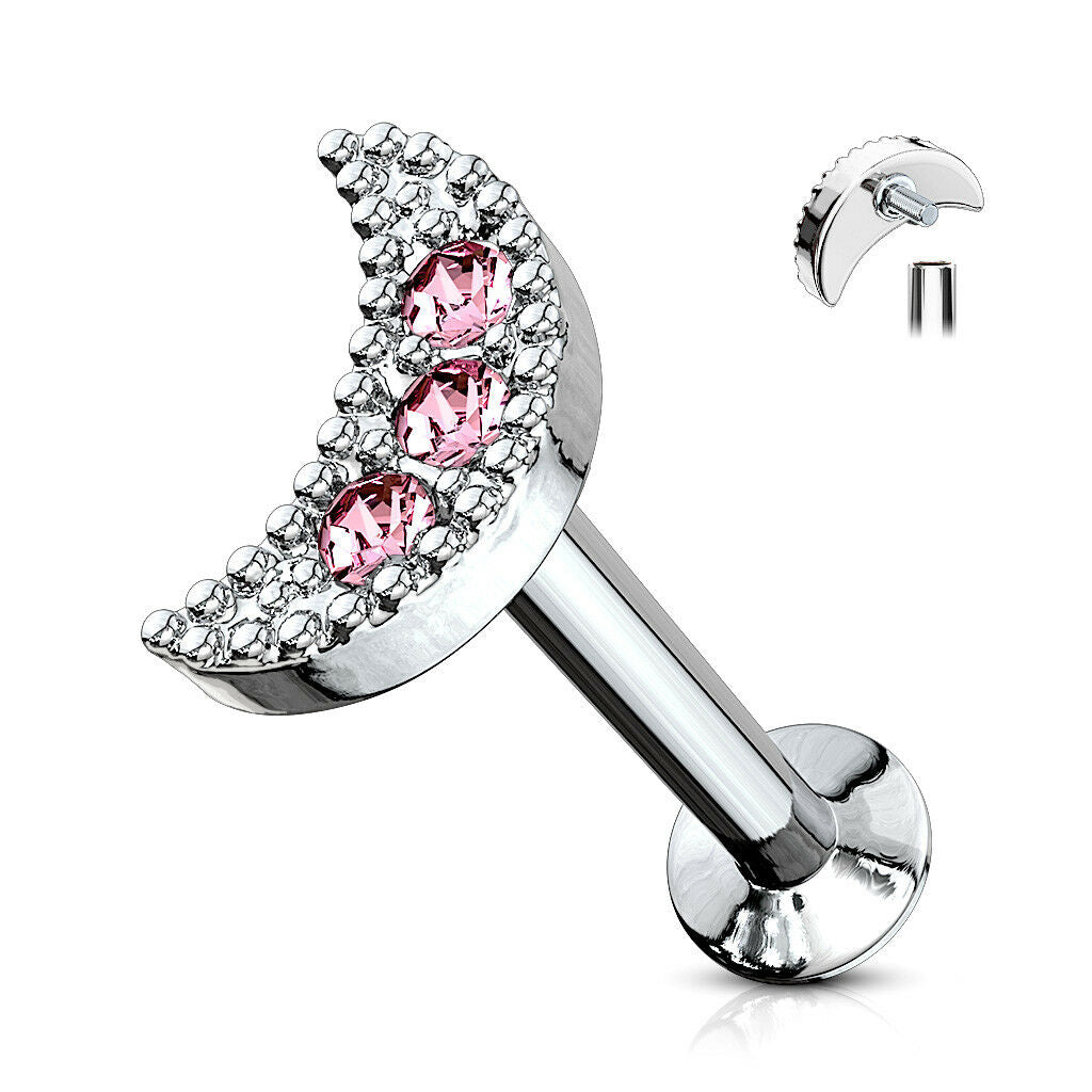 1pc CZ Crescent Moon 16g Internally Threaded 1/4" or 5/16" Steel Labret Monroe
