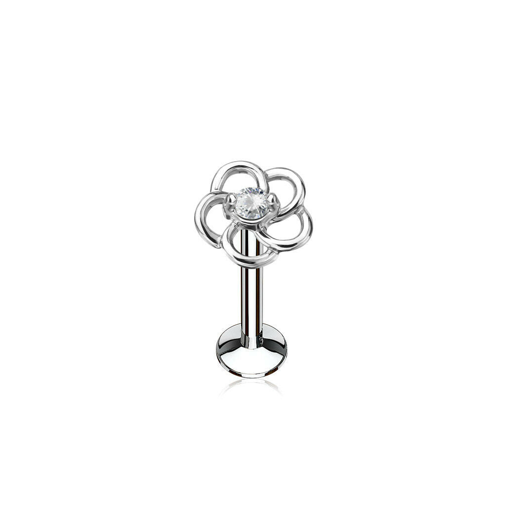 1pc CZ Centered Flower 16g Internally Threaded 1/4" or 5/16" Steel Labret Monroe
