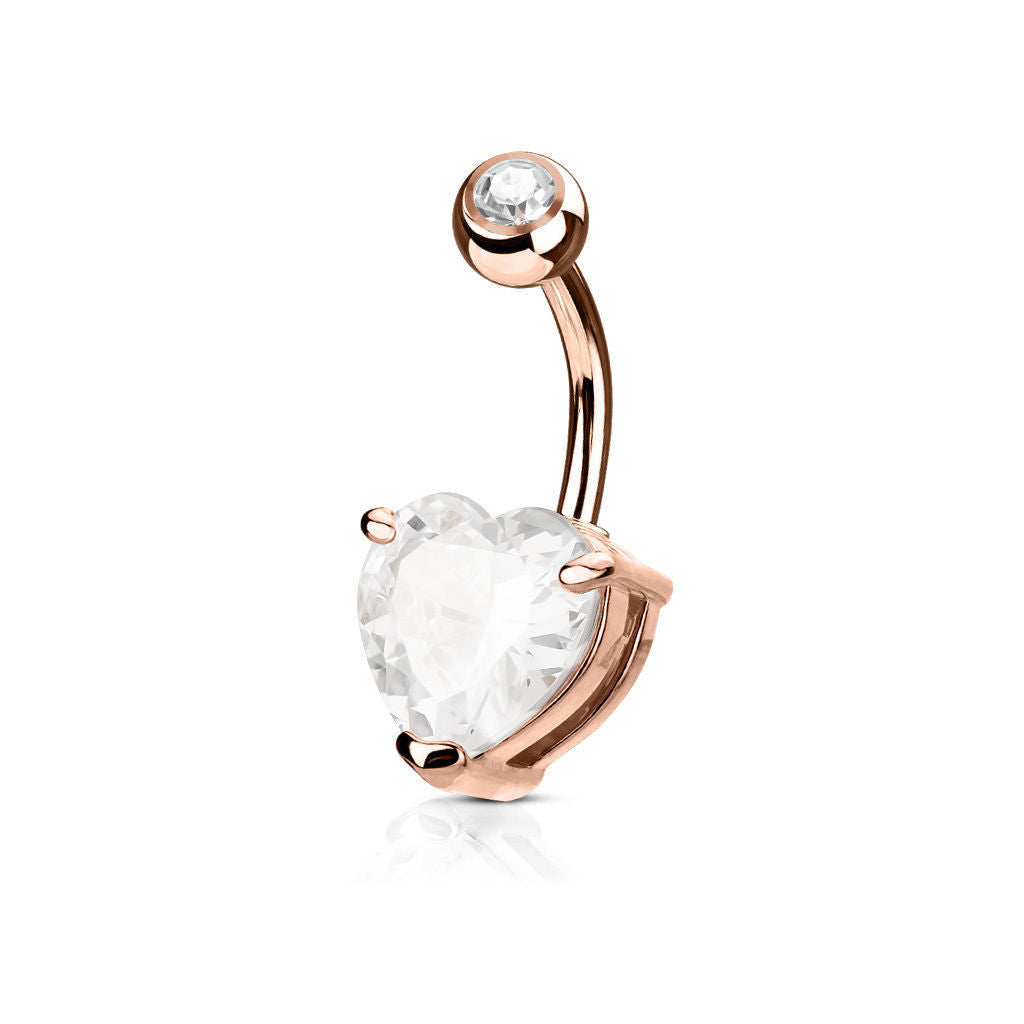1pc Double Gemmed Heart CZ Gem Prong Set Solitaire Belly Ring Navel Naval