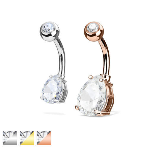 1pc Double Gemmed Teardrop CZ Gem Prong Set Solitaire Belly Ring Navel Naval