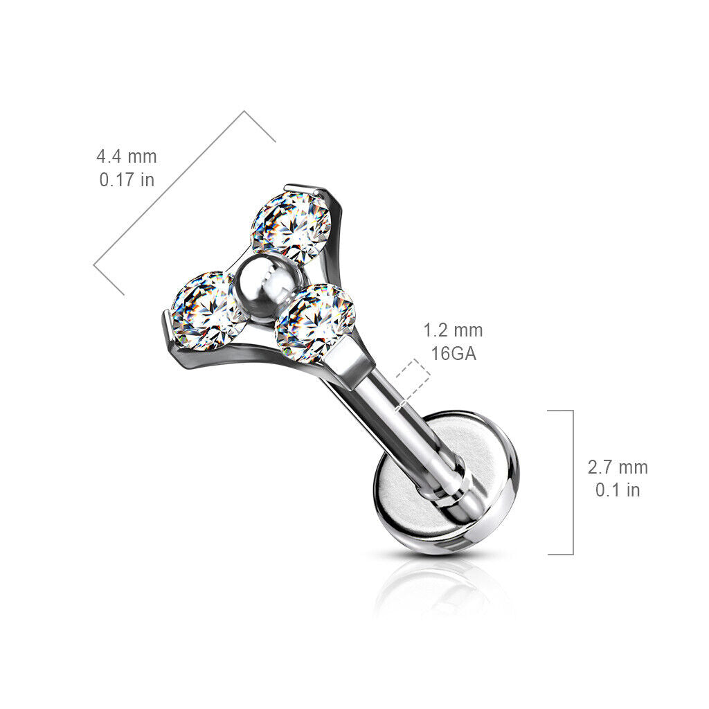 1pc Gem Triangle 16g 8mm Labret Steel Monroe Stud Lip Ring