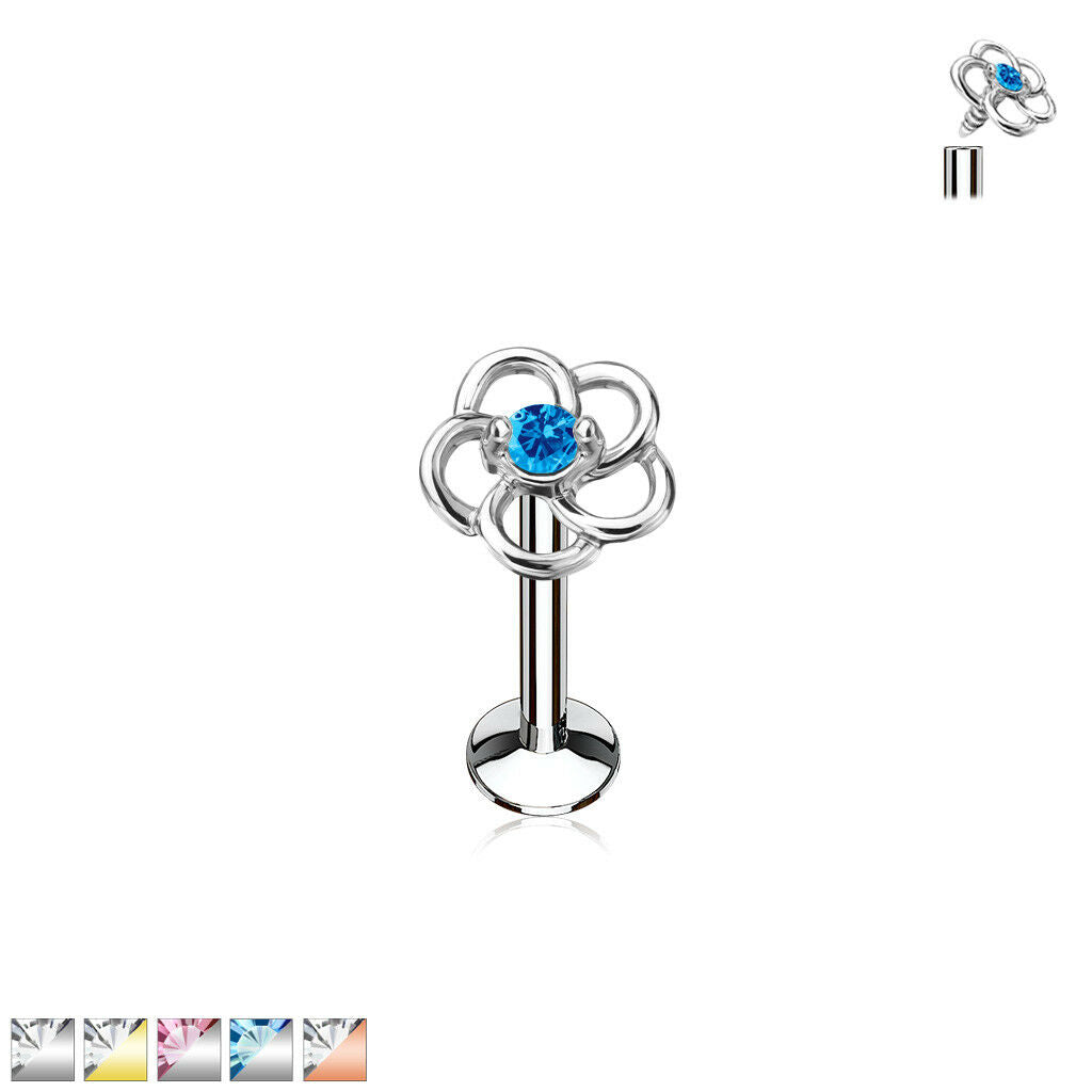 1pc CZ Centered Flower 16g Internally Threaded 1/4" or 5/16" Steel Labret Monroe