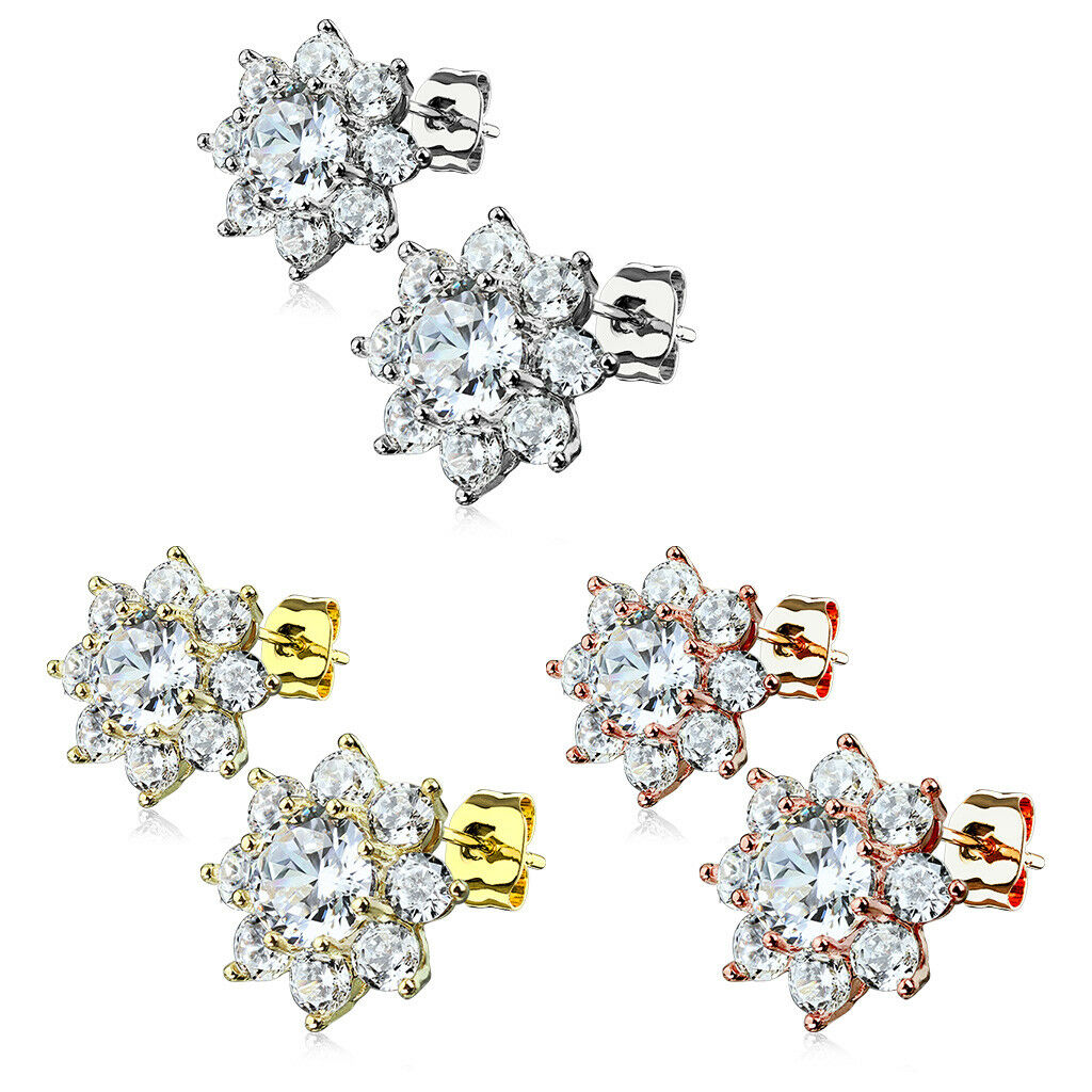 PAIR of Round CZ Flower 316L Surgical Steel Post 20g Earrings Studs