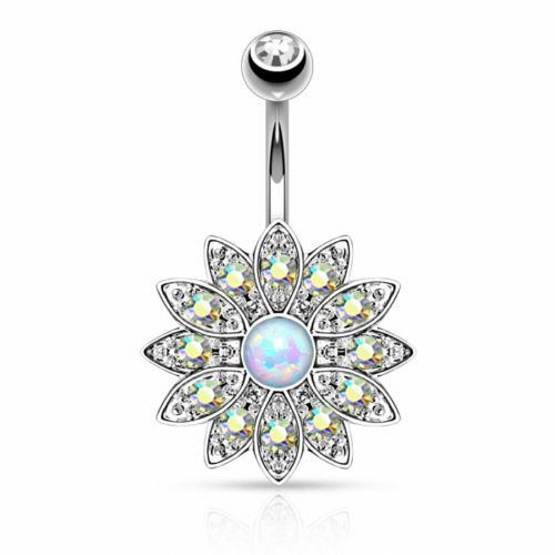 Paved Gems Flower Opal Belly Button Ring Pierced Navel IP 14kt Gold, Rose Gold