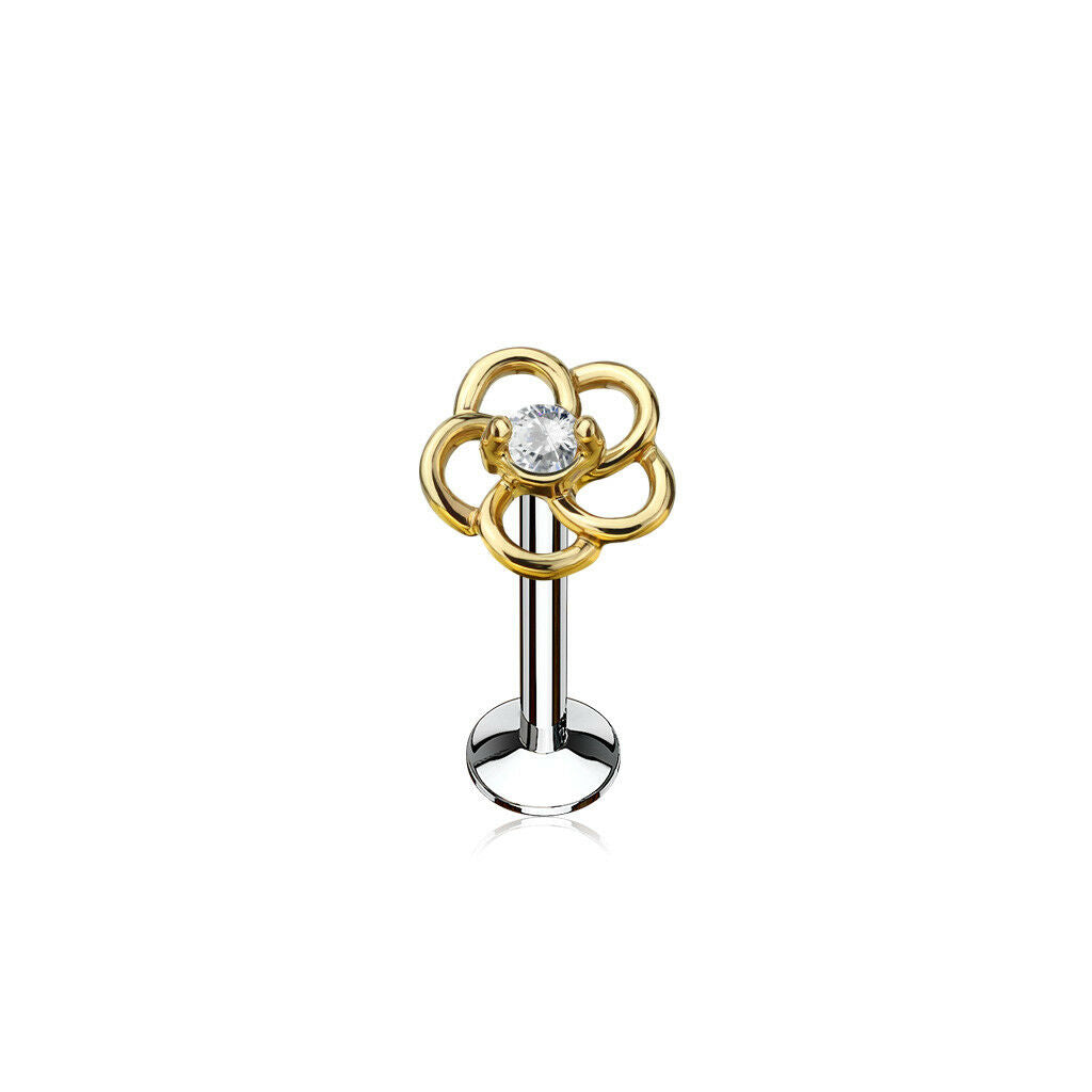 1pc CZ Centered Flower 16g Internally Threaded 1/4" or 5/16" Steel Labret Monroe