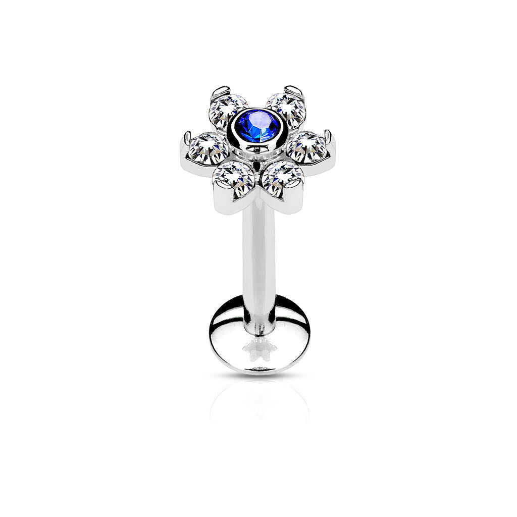 1pc Six Gem Flower 16g Internally Threaded 1/4" or 5/16" Steel Labret Monroe