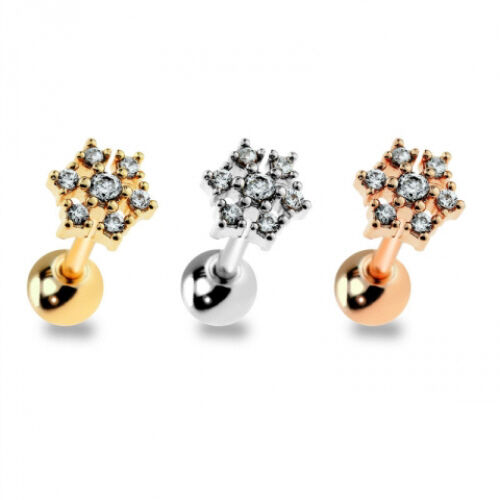 1pc Gem Snowflake Surgical Steel Tragus Helix Cartilage Barbell Ring 18g 1/4"