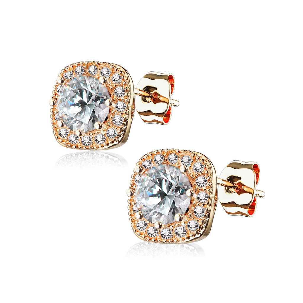 PAIR of Large Round CZ Centered Square 316L Surgical Steel 20g Earrings