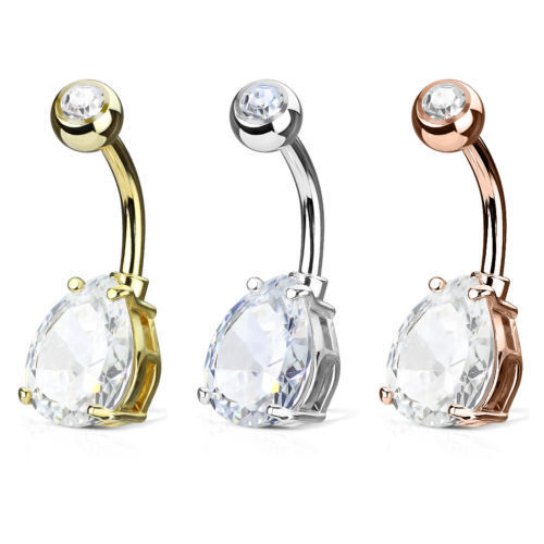 1pc Double Gemmed Teardrop CZ Gem Prong Set Solitaire Belly Ring Navel Naval