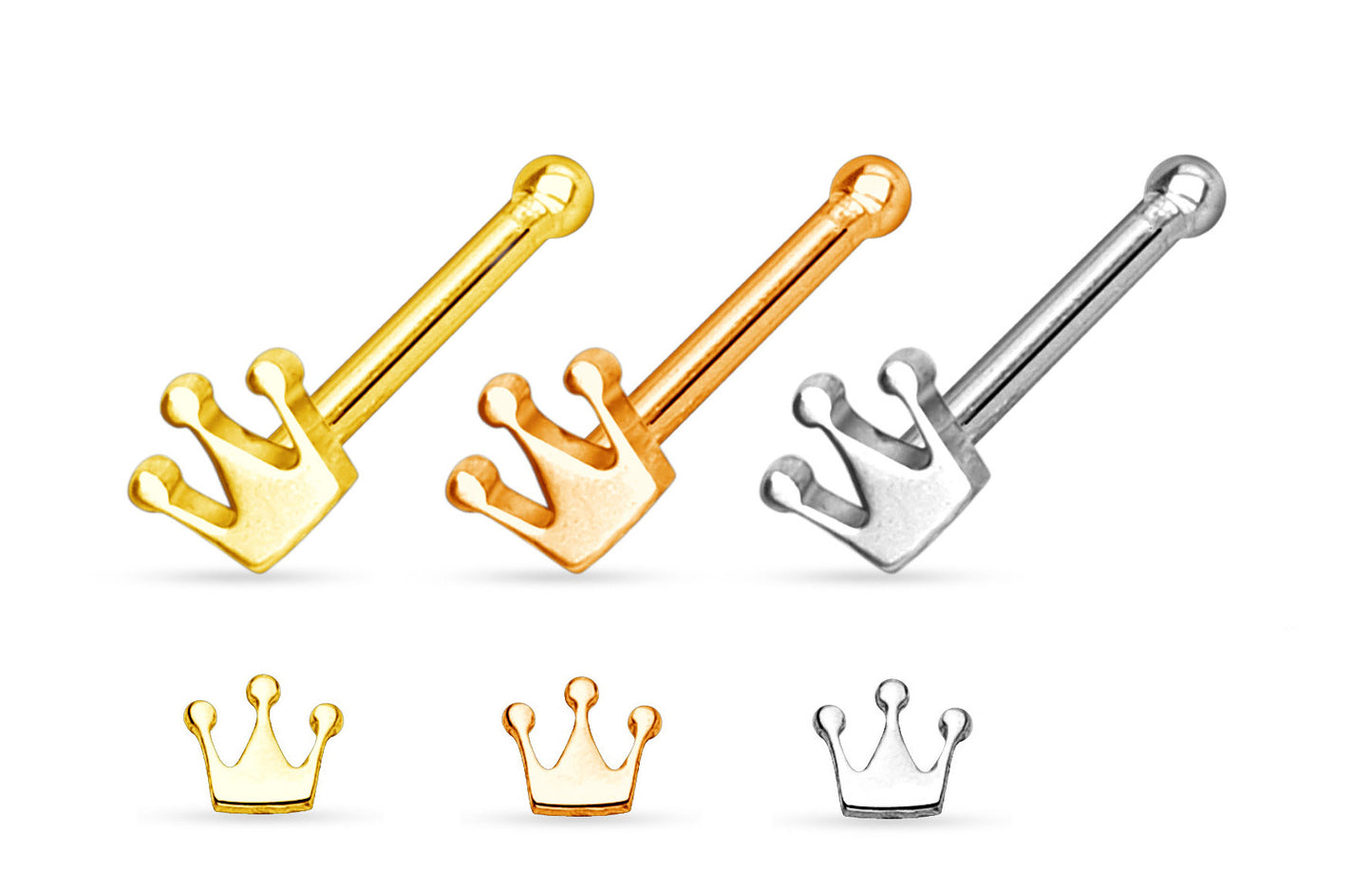 3pk Crown Style Surgical Steel Nose Studs