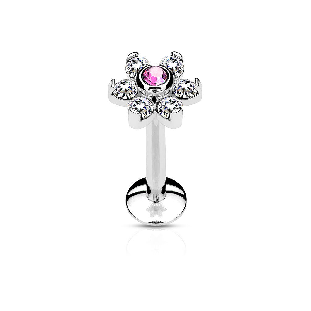 1pc Six Gem Flower 16g Internally Threaded 1/4" or 5/16" Steel Labret Monroe