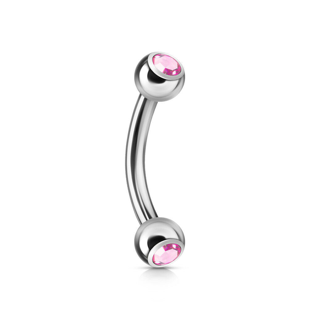 1pc Double Press-Fit CZ Gem Curved Barbell Eyebrow Ring, 14g or 16g