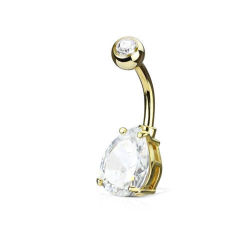 1pc Double Gemmed Teardrop CZ Gem Prong Set Solitaire Belly Ring Navel Naval