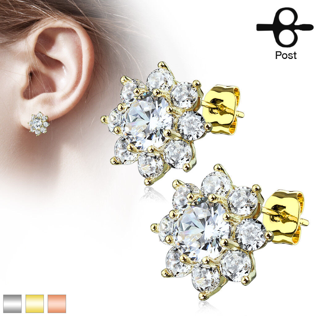 PAIR of Round CZ Flower 316L Surgical Steel Post 20g Earrings Studs