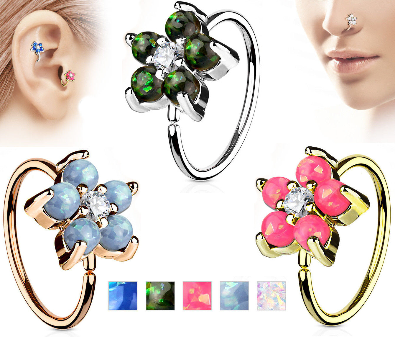 1pc Opal Glitter Flower Hoop Nose / Cartilage Ring