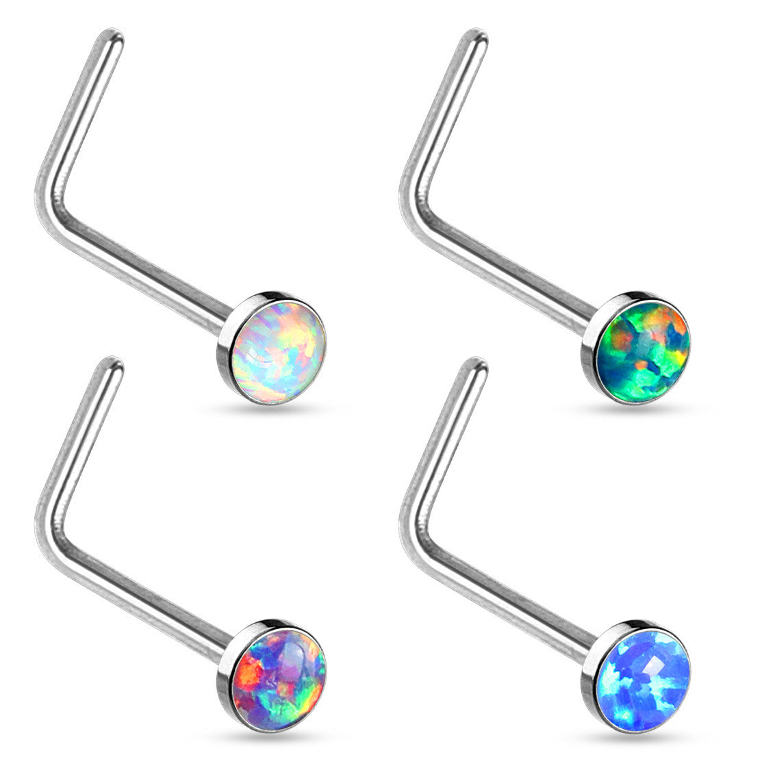 4pc Value Pack Synthetic Opal Surgical Steel L-Bend / Shaped Nose Rings