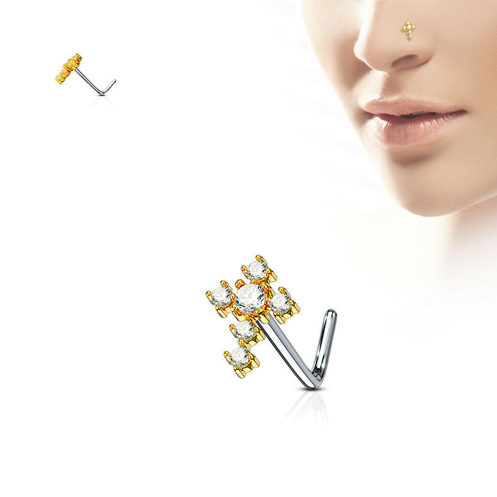 1pc CZ Gem Cross L-Bend 20g Nose Ring Stud Screw 316L Surgical Steel