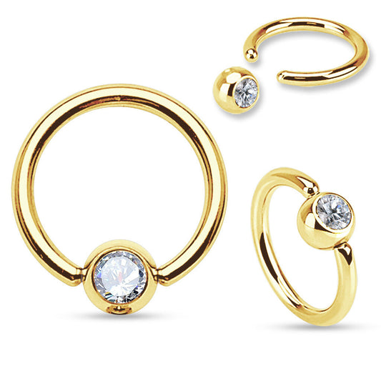 PAIR Gold Plated Gem Captive Bead Rings for Ears, Eyebrow, Septum, Nipples, etc