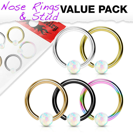 5pc Value Pack Fixed Opal Ball Bendable 316L Surgical Steel Captive Bead Rings