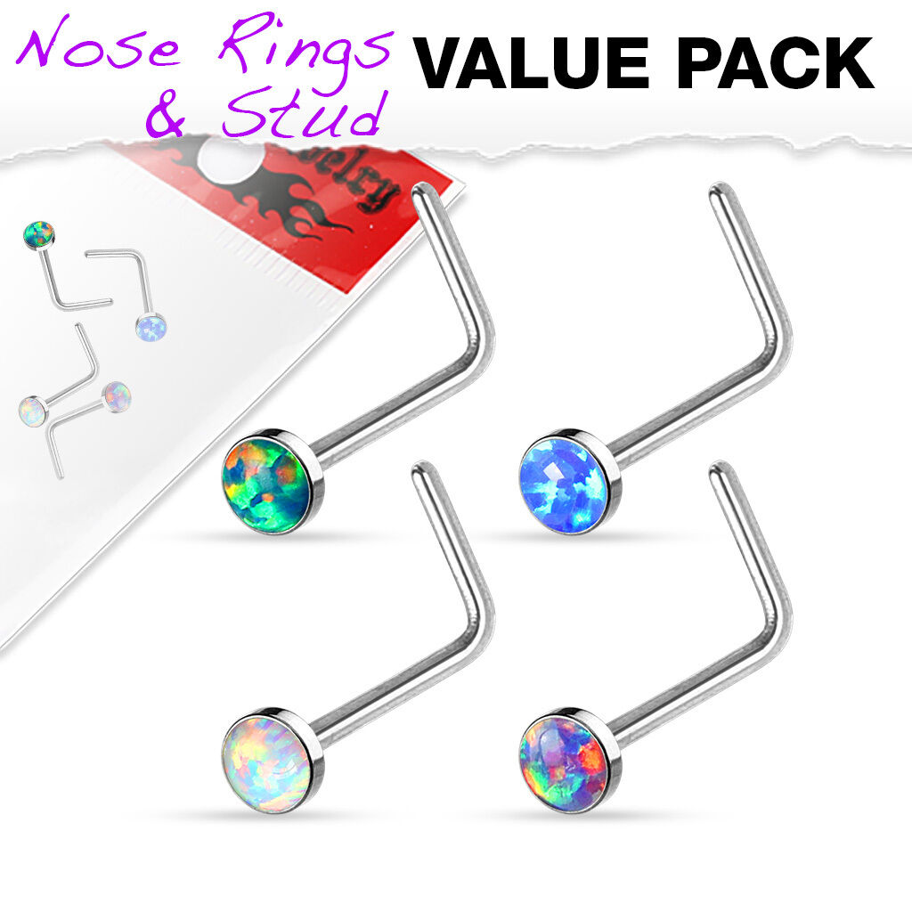4pc Value Pack Synthetic Opal Surgical Steel L-Bend / Shaped Nose Rings