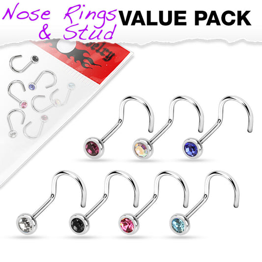 7pc Value Pack Press Fit Gem Surgical Steel Nose Ring Screws - choose 18g or 20g