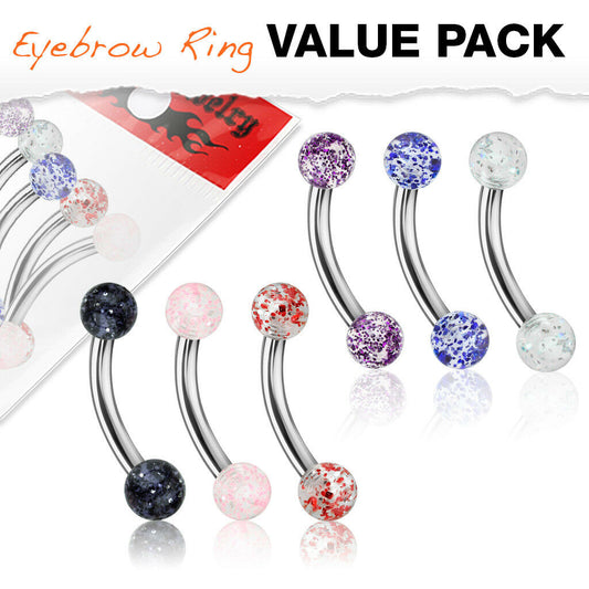6pc Value Pack Ultra Glitter Acrylic Balls Eyebrow Rings 16g Body Jewelry