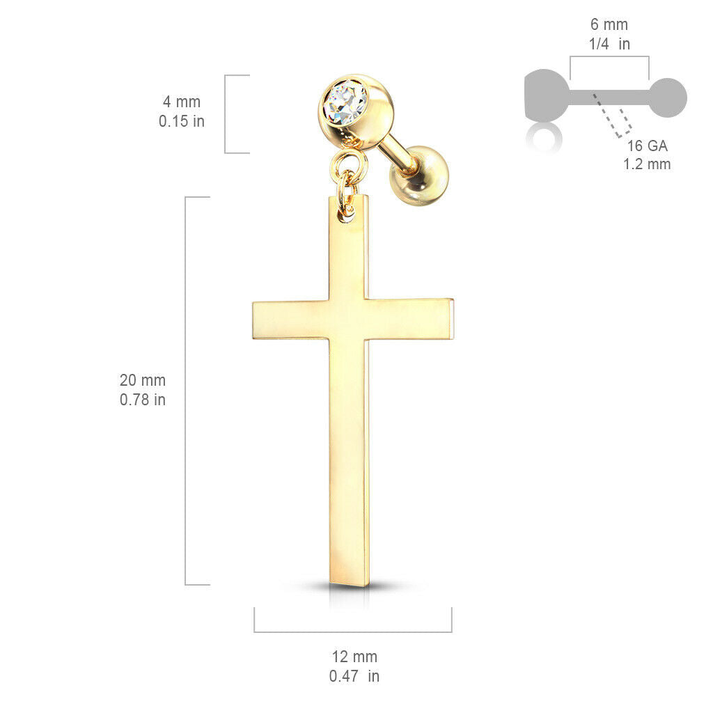 1pc Cross Dangle Tragus Stud Helix Cartilage Ring 16g 1/4"- choose your color